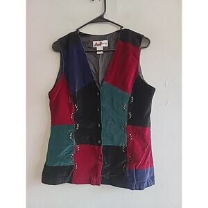 Vintage women's medium velvet-feel patchwork vest maroon/black/green vine design